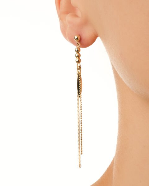 14 Ayar Altın Çift Zincirli Yaprak ve Top Figürlü Küpe