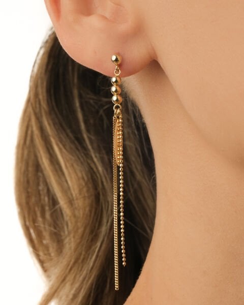 14 Ayar Altın Çift Zincirli Sallantılı Küpe