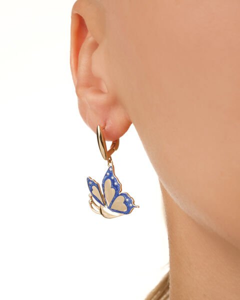 14 Ayar Altın Mavi Mineli Taşlı Kelebek Küpe