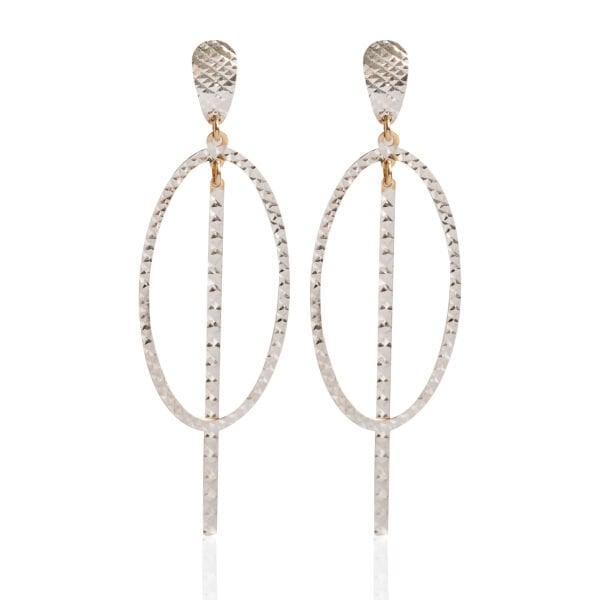 14 Ayar Beyaz Altın Çubuk Detaylı Yuvarlak Küpe