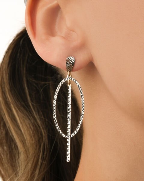 14 Ayar Beyaz Altın Çubuk Detaylı Yuvarlak Küpe