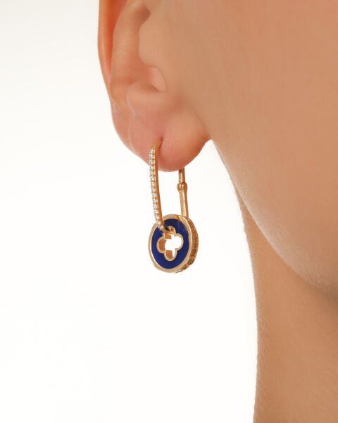 14 Ayar Altın Lacivert Mineli Yonca Figürlü Taşlı Küpe