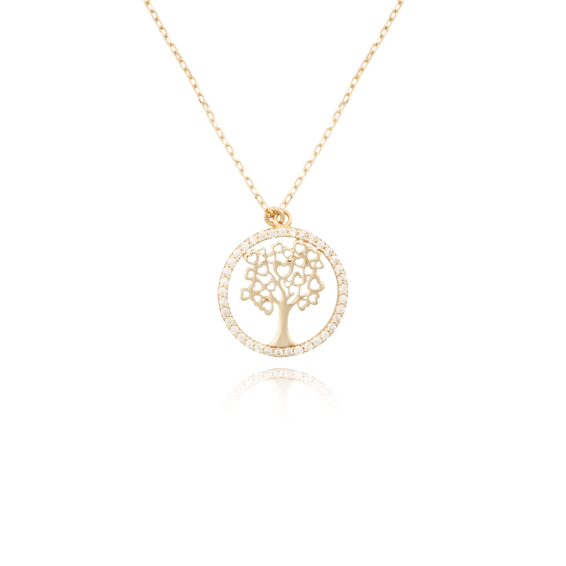 14 Ayar Altın Kalp Yapraklı Taşlı Hayat Ağacı Kolye