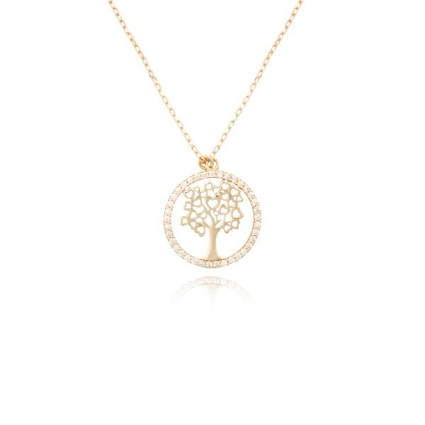 14 Ayar Altın Kalp Yapraklı Taşlı Hayat Ağacı Kolye