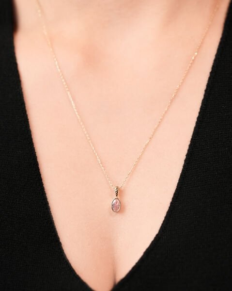 14 Ayar Altın Pembe Kuvars Taşlı Kolye