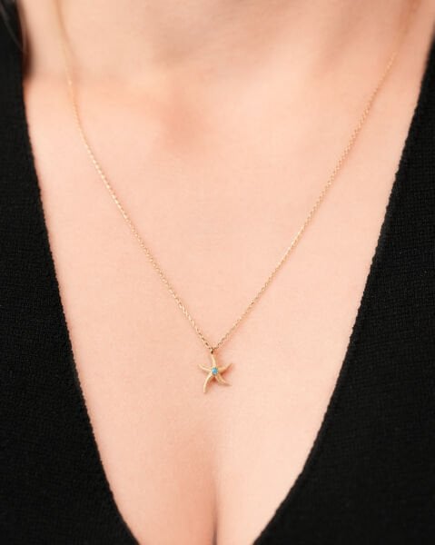 14 Ayar Altın Firuze Taşlı Deniz Yıldızı Kolye