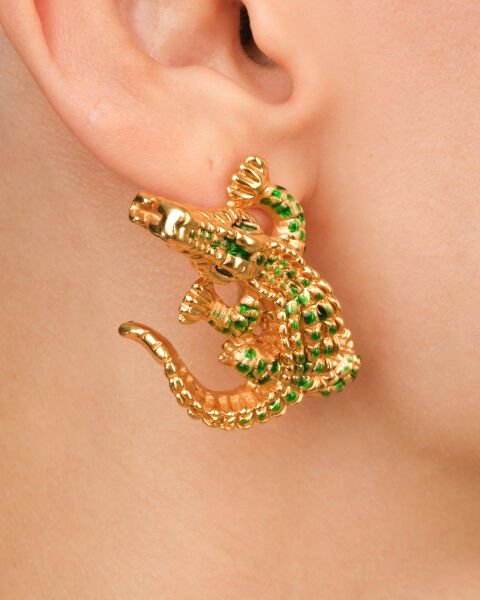 18 Ayar Altın Timsah Figürlü Özel Tasarım Küpe