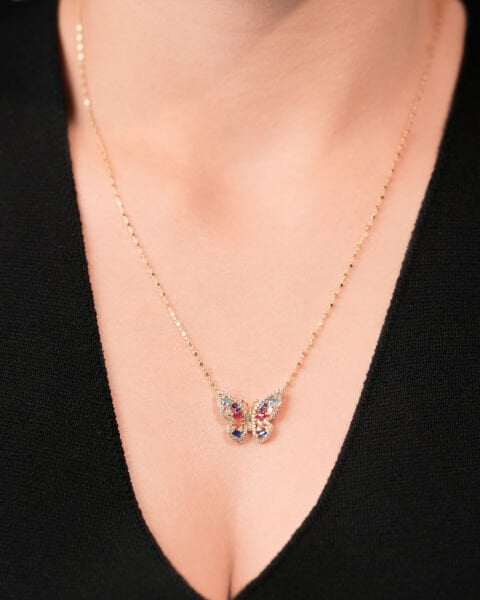 14 Ayar Altın Renkli Taşlı Kelebek Kolye