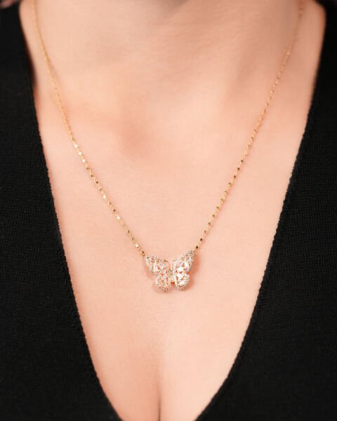 14 Ayar Altın Taşlı Kelebek Kolye