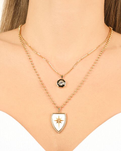 EMA 14 Ayar Çift Zincirli Beyaz Mineli Kalkan ve Siyah Mineli Altın Kolye