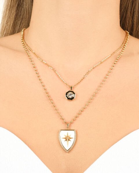 EMA 14 Ayar Altın Çift Zincirli Taşlı Kalkan Kolye