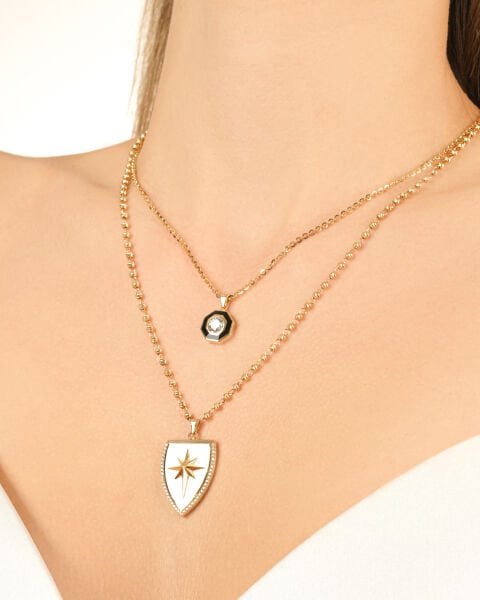 EMA 14 Ayar Çift Zincirli Beyaz Mineli Kalkan ve Siyah Mineli Altın Kolye