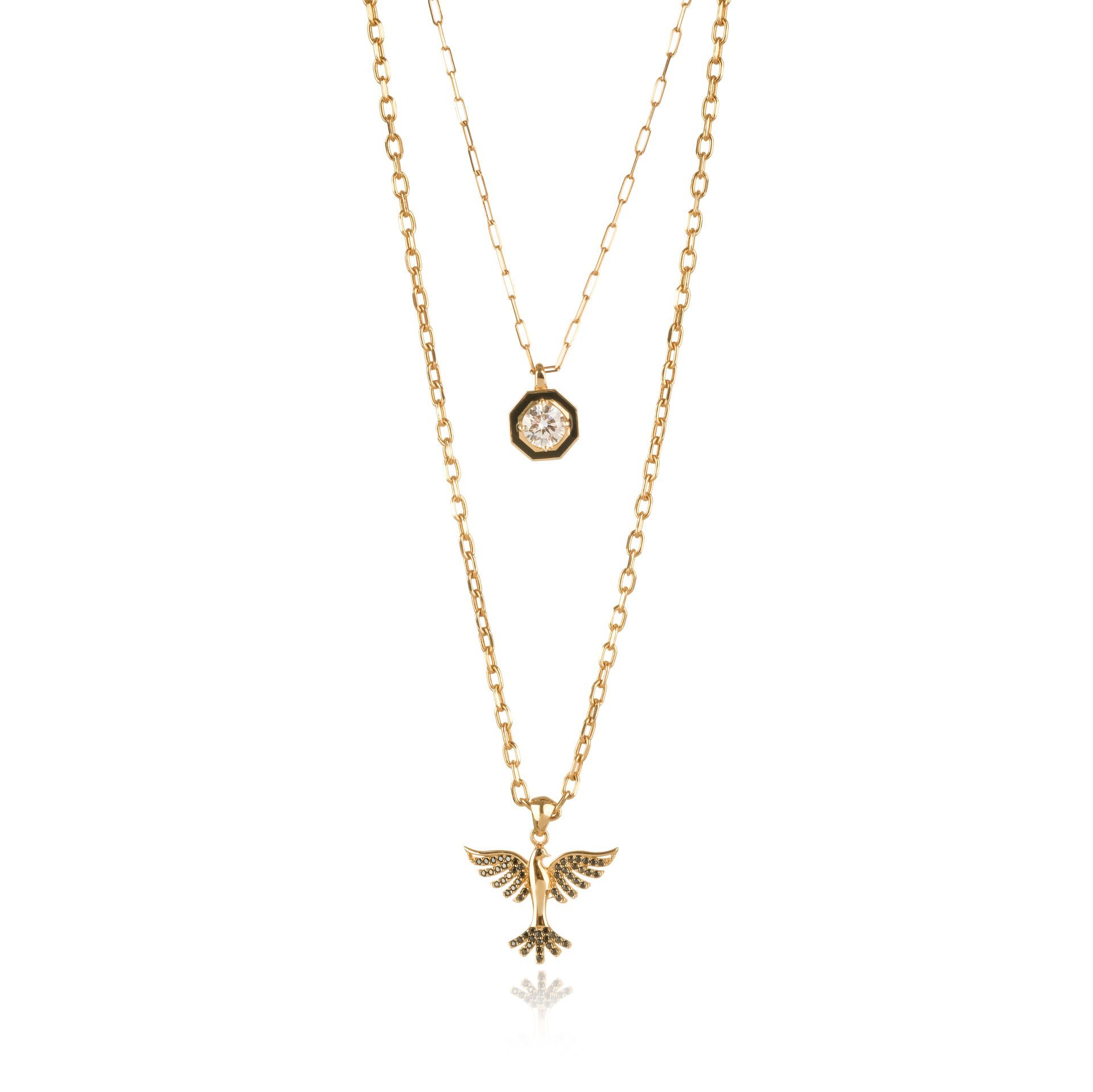 Ema 14 Ayar Çift Zincir Siyah Mineli Anka Kuşu Figürlü Altın Kolye