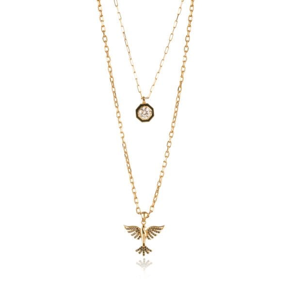 Ema 14 Ayar Çift Zincir Siyah Mineli Anka Kuşu Figürlü Altın Kolye