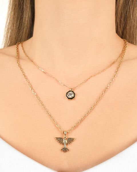 Ema 14 Ayar Altın Çift Zincir Taşlı Anka Kuşu Kolye