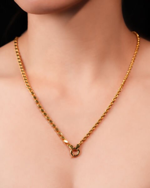 14 Ayar Altın Gemici Kilitli Pullu ve Halat Zincir Kolye