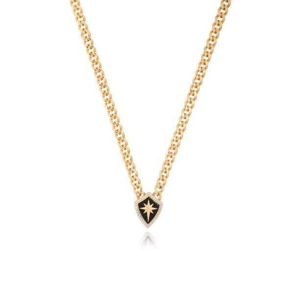 Ema 14 Ayar Taşlı Siyah Mineli Kalkan Figürlü Altın Kolye