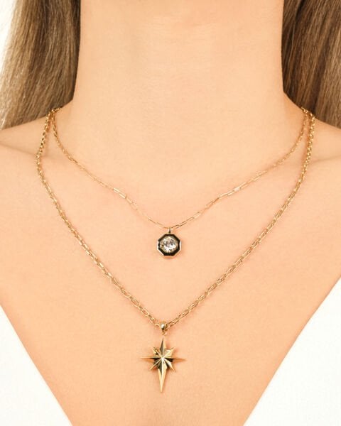 EMA 14 Ayar Çift Zincirli Siyah Mineli Kutup Yıldızı Figürlü Altın Kolye