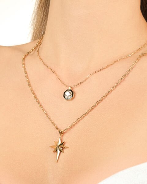 EMA 14 Ayar Altın Çift Zincirli Taşlı Kutup Yıldızı Kolye