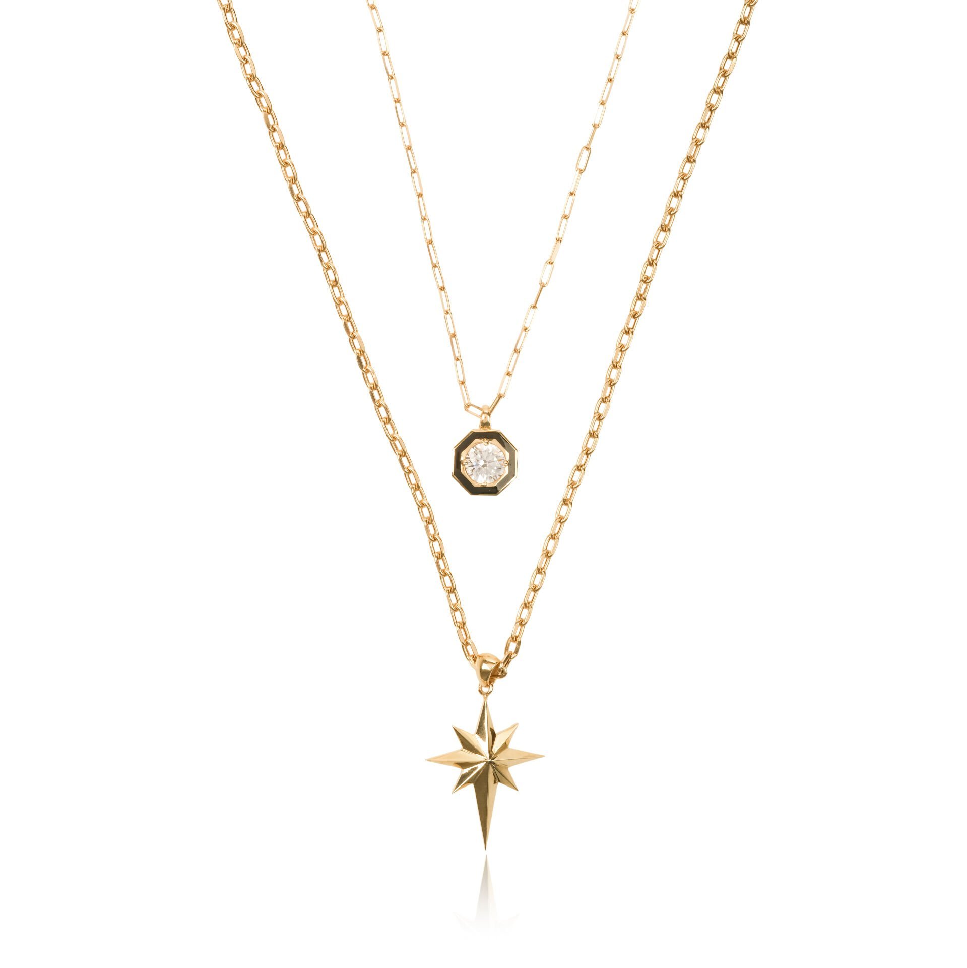 EMA 14 Ayar Altın Çift Zincirli Taşlı Kutup Yıldızı Kolye