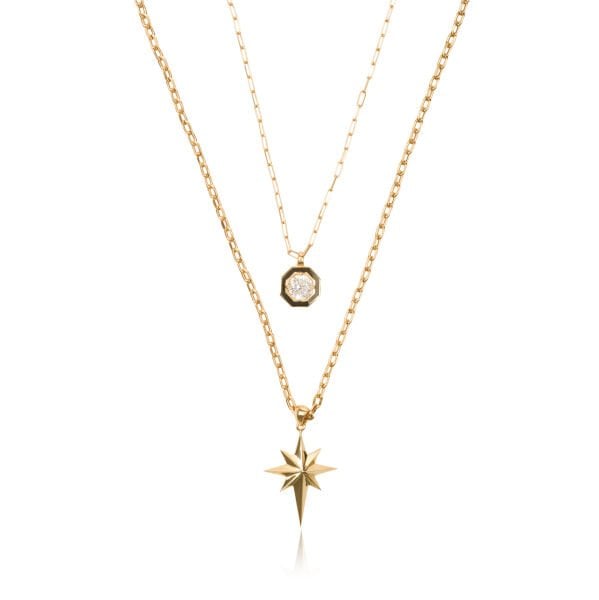 EMA 14 Ayar Altın Çift Zincirli Taşlı Kutup Yıldızı Kolye