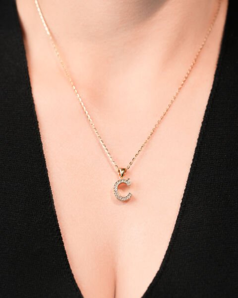 14 Ayar Altın Taşlı C Harf Kolye