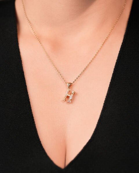 14 Ayar Altın Taşlı H Harf Kolye