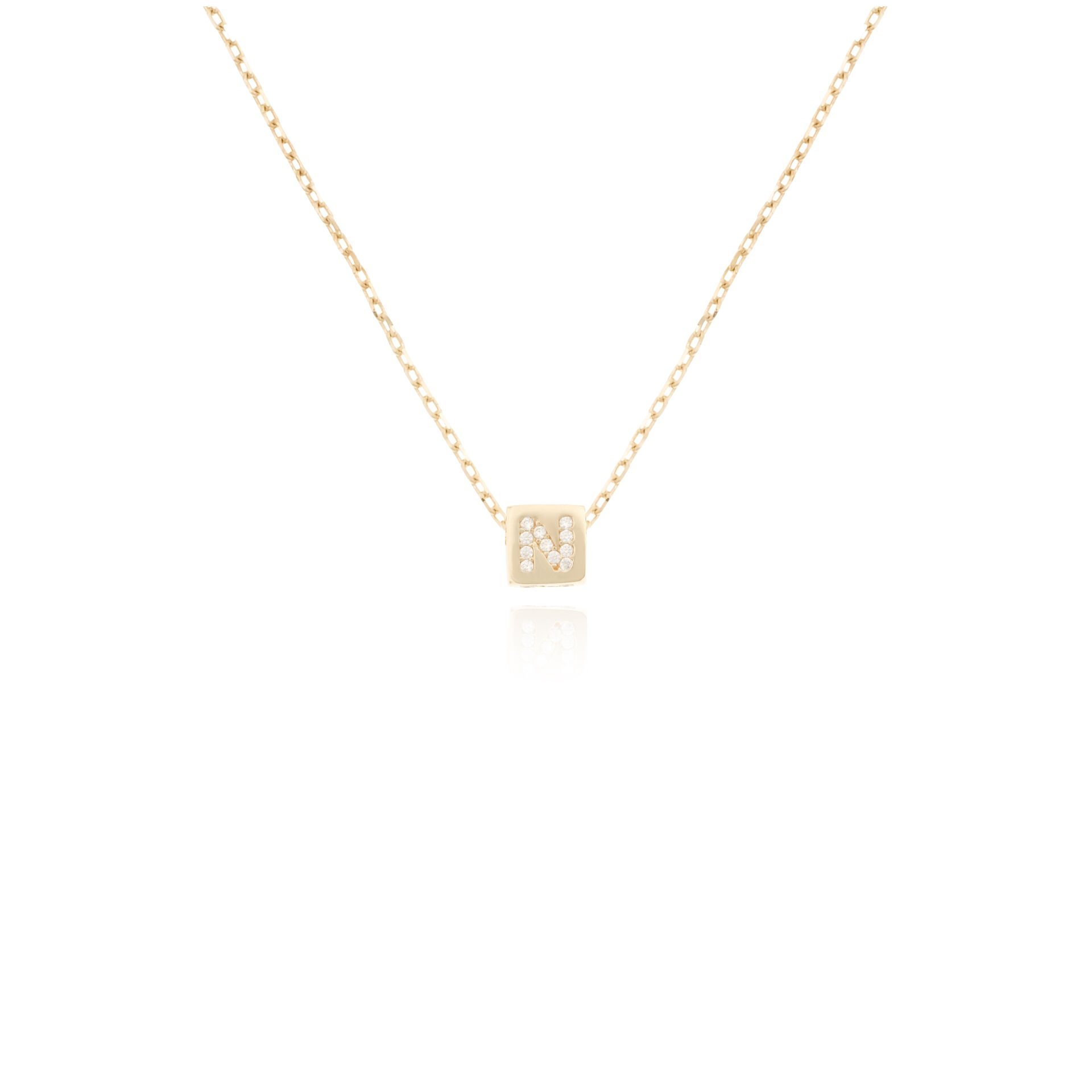 14 Ayar Altın Taşlı N Harfi Küp Kolye