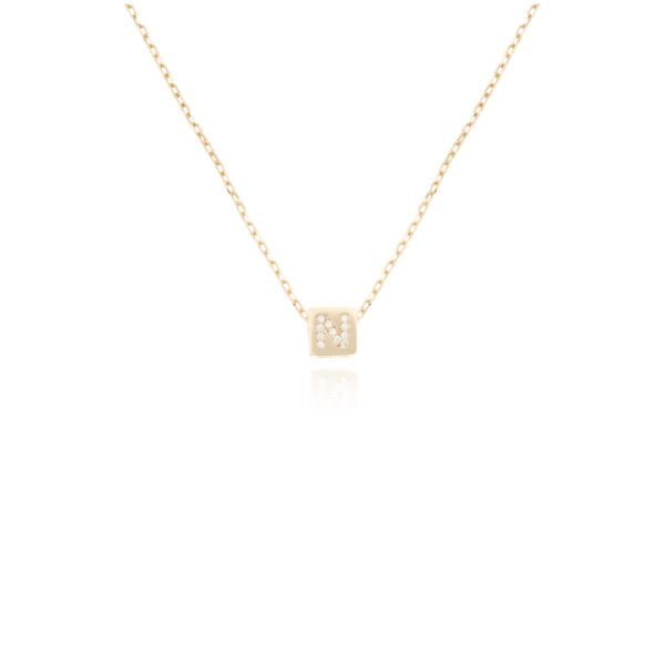 14 Ayar Altın Taşlı N Harfi Küp Kolye