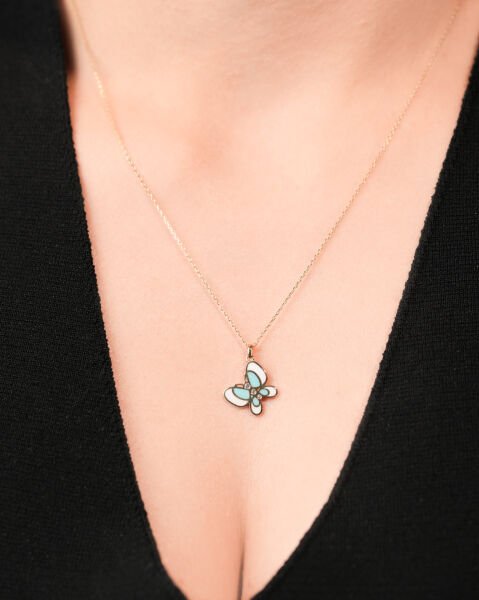 14 Ayar Altın Mineli Kelebek Kolye