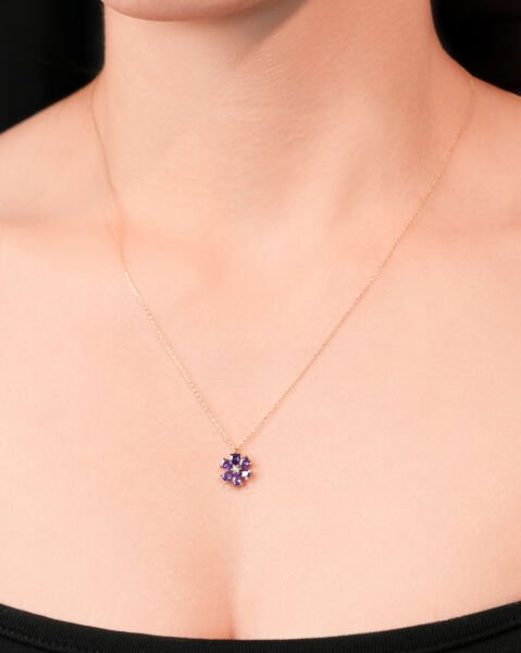 14 Ayar Altın Ametist Taşlı Papatya Kolye