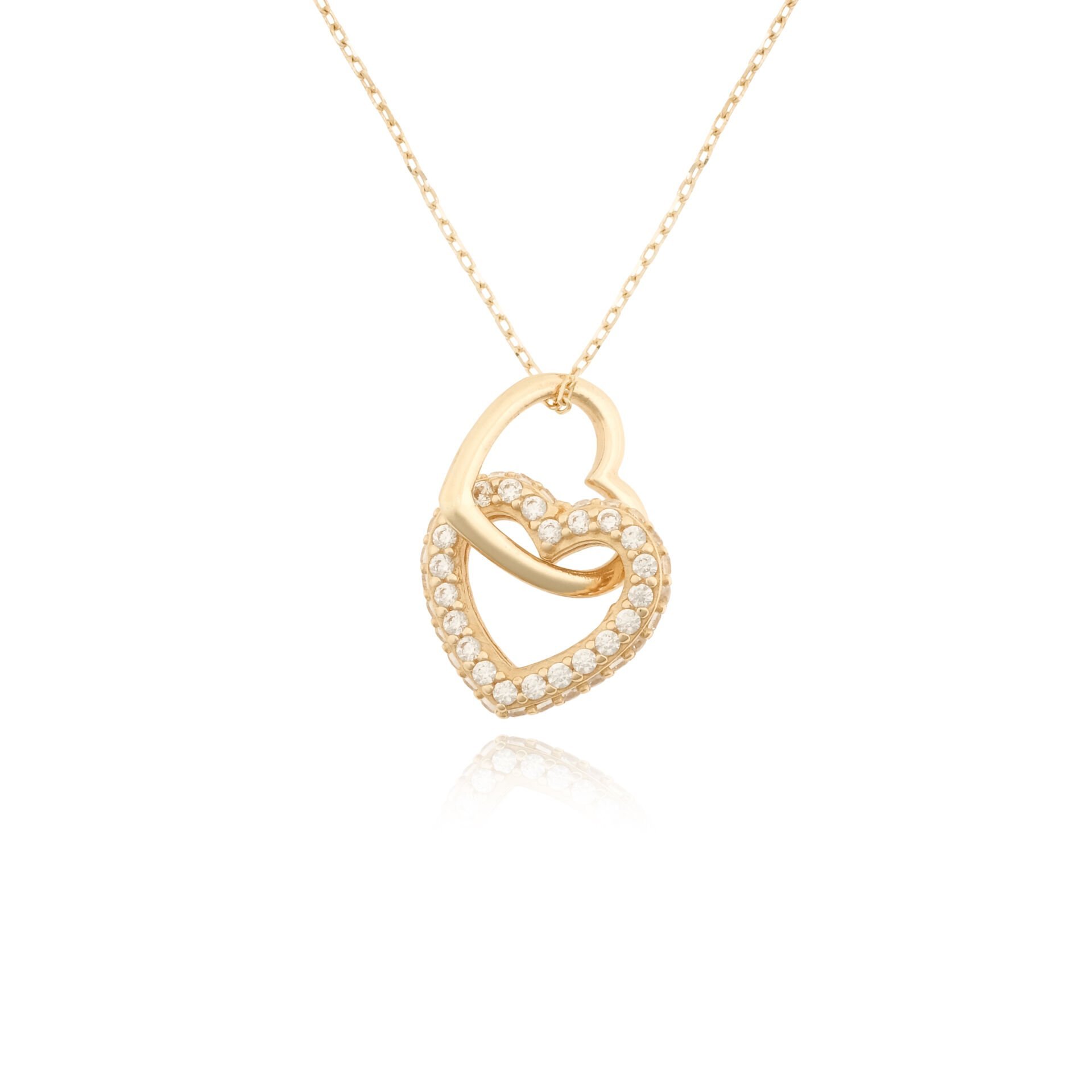 14 Ayar Altın Taşlı Çift Kalp Kolye