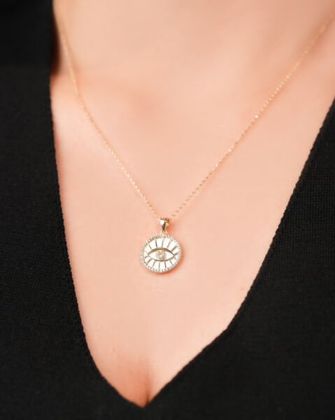 14 Ayar Altın Göz Figürlü Sedefli Taşlı Kolye