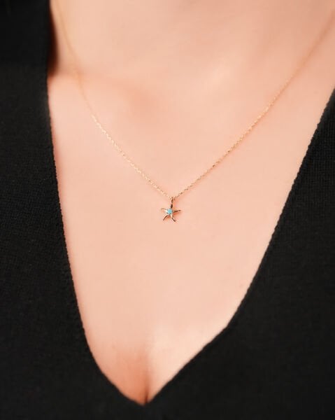 14 Ayar Altın Firuze Taşlı Deniz Yıldızı Kolye