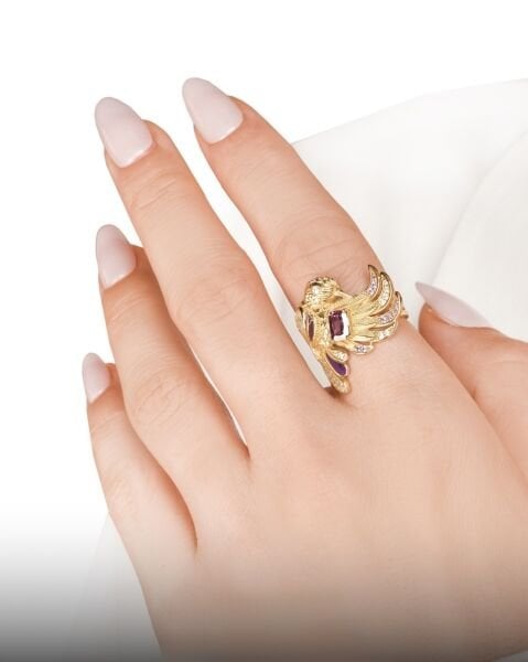 Sinek Kuşu Figürlü Ametist Taşlı 14 Ayar Altın Yüzük