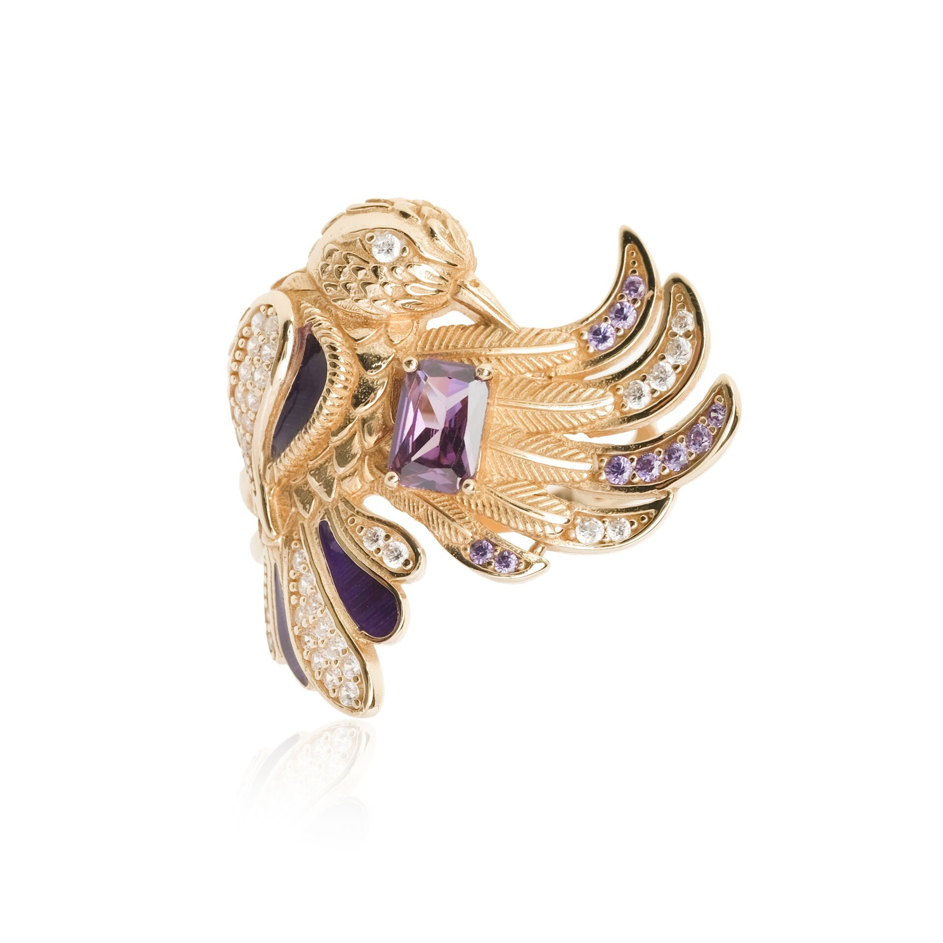 Sinek Kuşu Figürlü Ametist Taşlı 14 Ayar Altın Yüzük