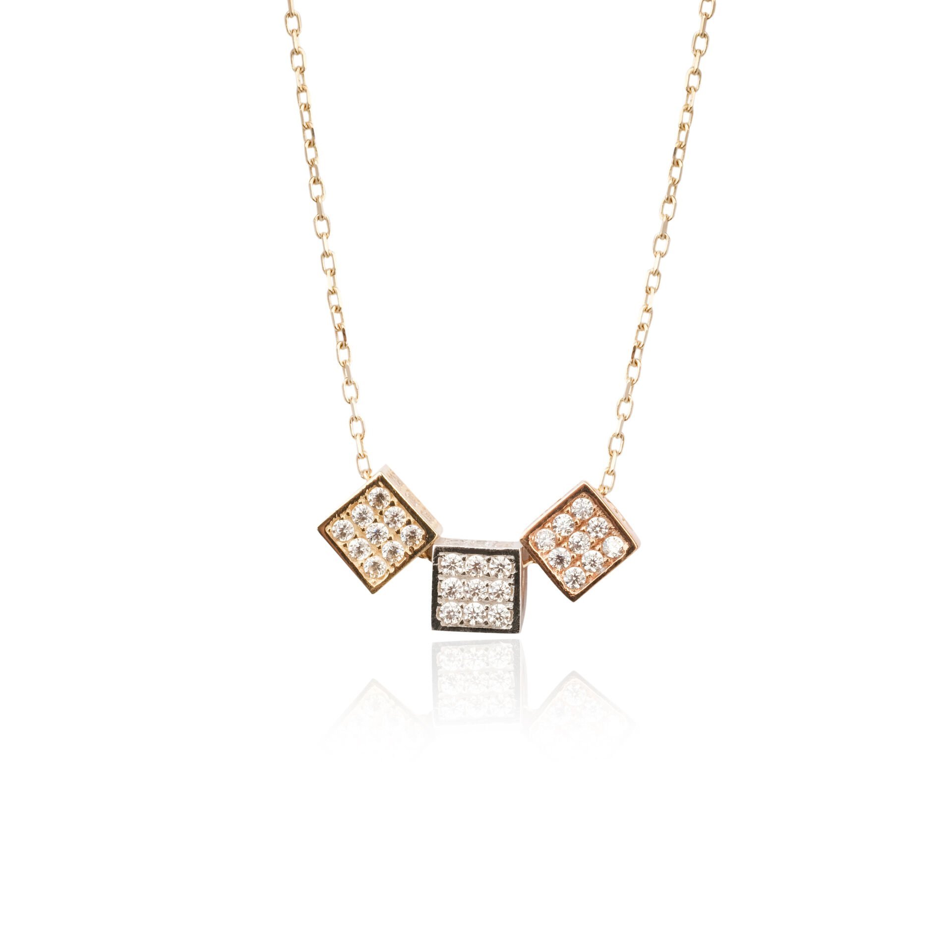 14 Ayar Altın 3 Renk Taşlı Küp Kolye