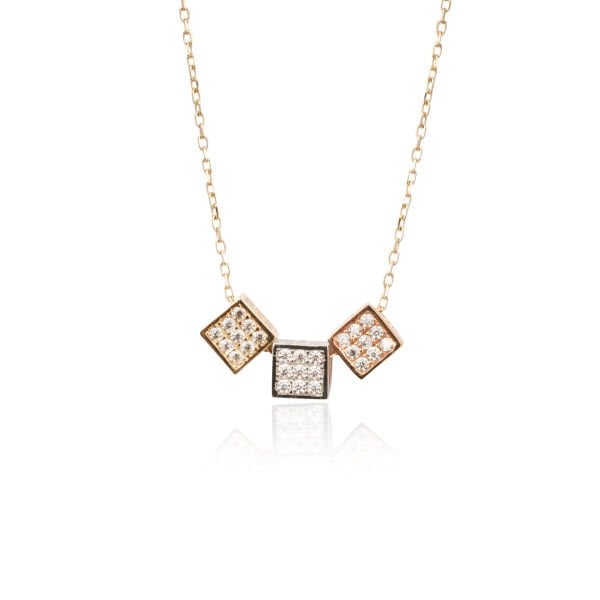 14 Ayar Altın Taşlı Üç Renk Küp Kolye