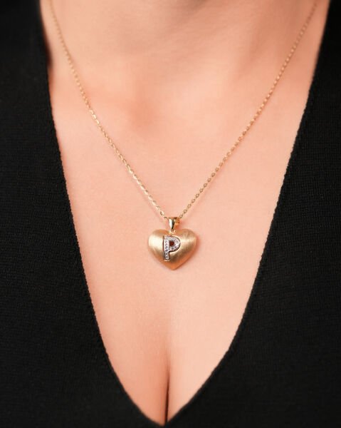 14 Ayar Altın Taşlı P Harf Kalp Kolye