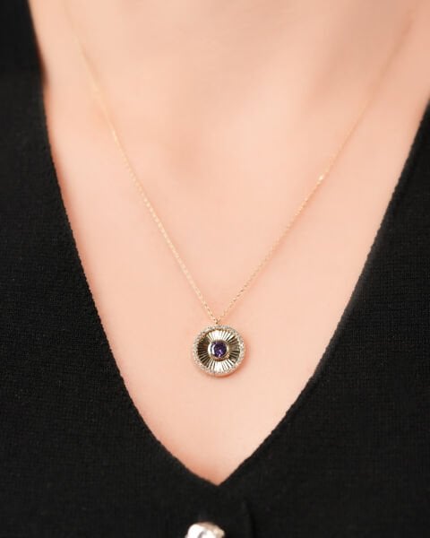 14 Ayar Altın Lazer Kesim Ametist Kolye