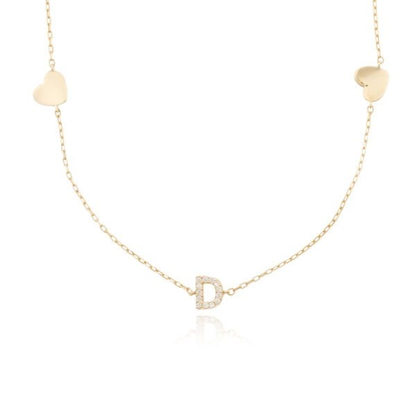 14 Ayar Altın Taşlı Kalpli Kolye D Harfi