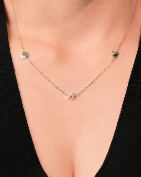 14 Ayar Altın Taşlı Kalpli Kolye H Harfi