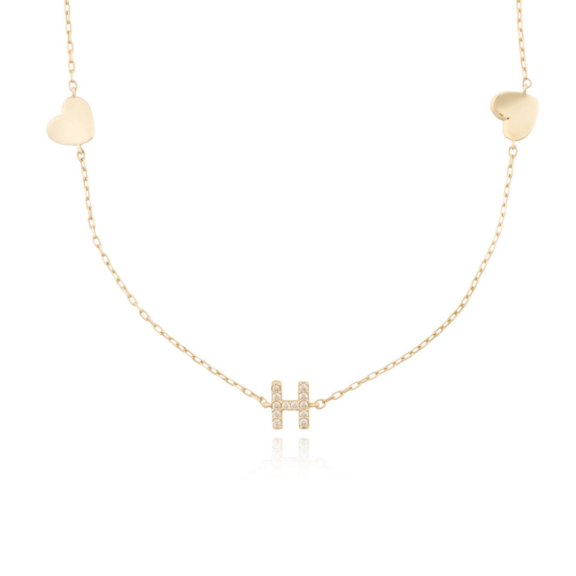 14 Ayar Altın Taşlı H Harfi Kalp Kolye