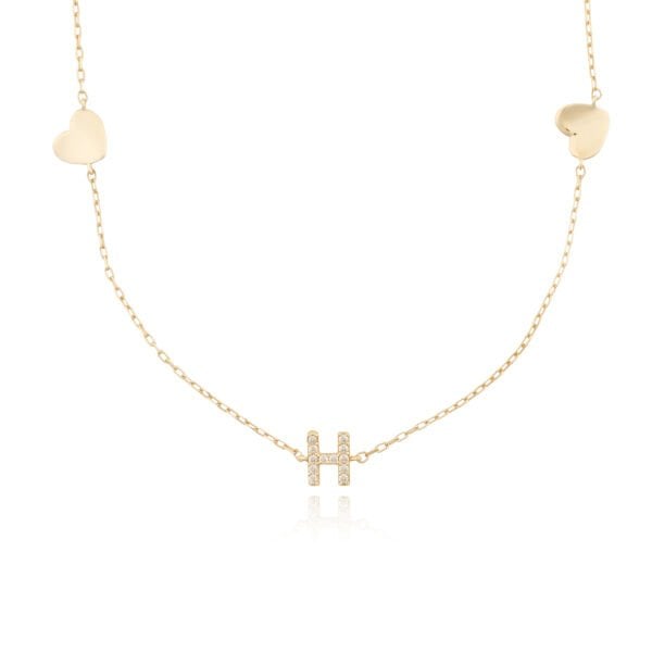 14 Ayar Altın Taşlı Kalpli Kolye H Harfi