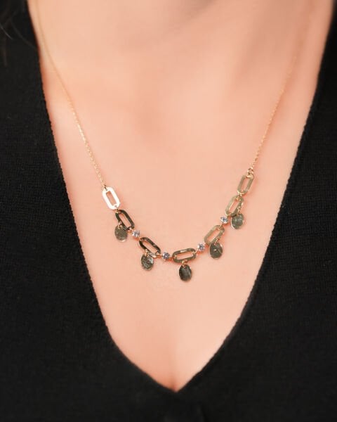 14 Ayar Altın Oval Halka Taşlı ve Pullu Kolye