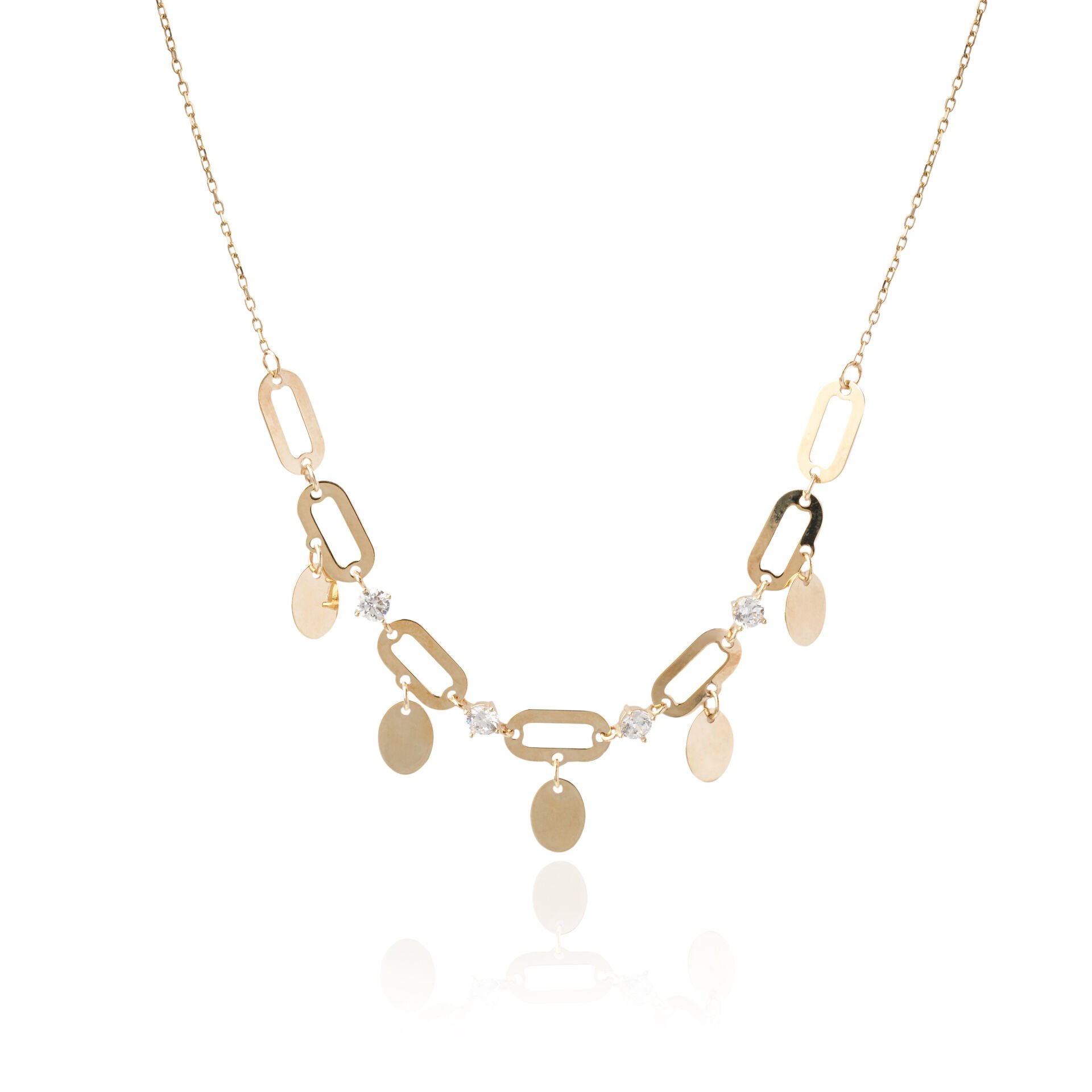 14 Ayar Altın Oval Halka Taşlı ve Pullu Kolye