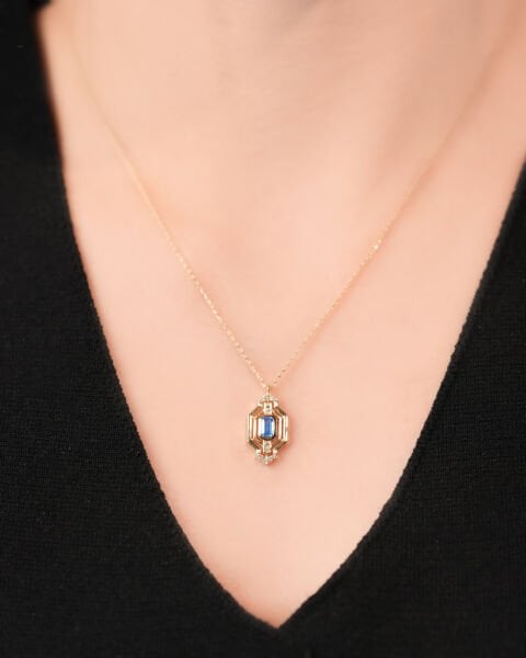 14 Ayar Altın Baget Aquamarine Taşlı Kolye