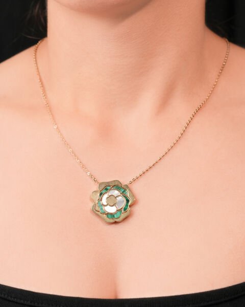 14 Ayar Altın Sedefli Malahit Taşlı Gül Kolye