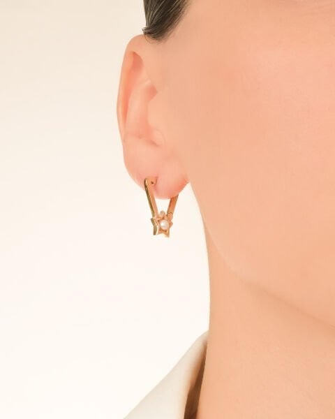 14 Ayar Altın İncili Yıldız Küpe