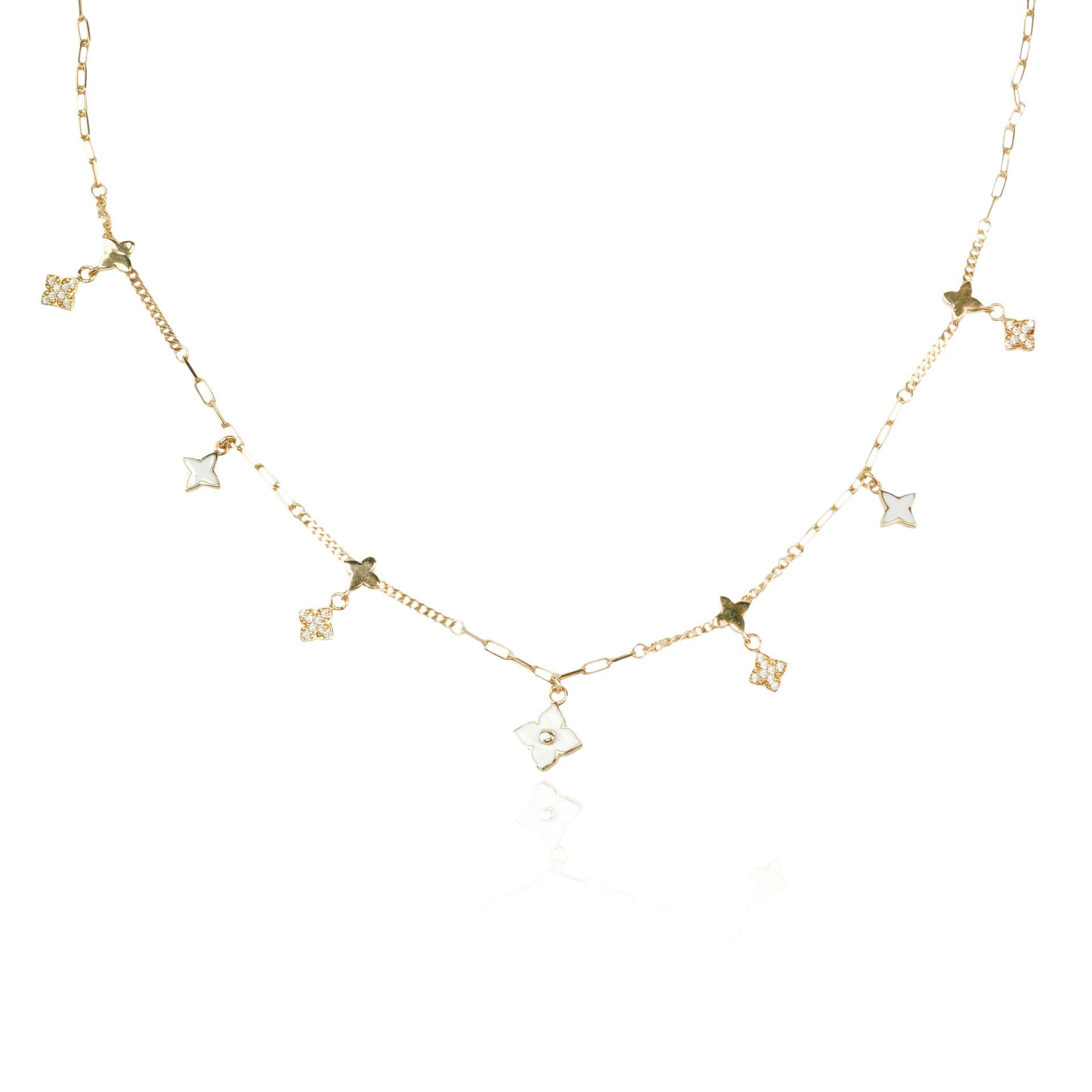 14 Ayar Altın Çok Figürlü Çiçek Motifli Beyaz Mineli Kolye